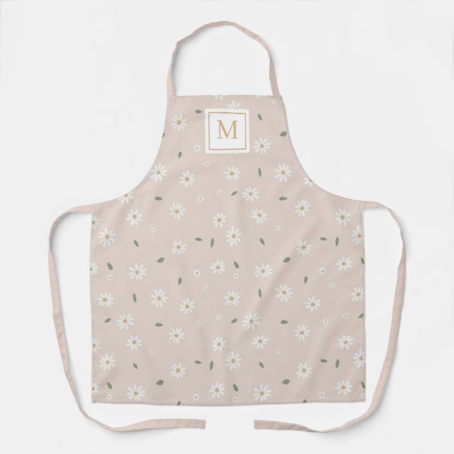 Cute Daisy Floral Blossoms & Greenery Monogram Schürze (Vorderseite)