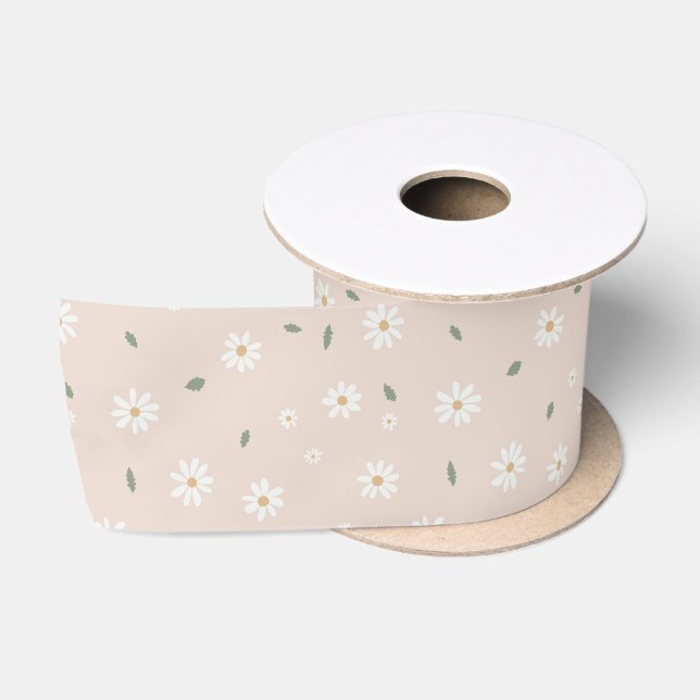 Cute Daisy Floral Blossoms & Greenery Satinband (Spule)