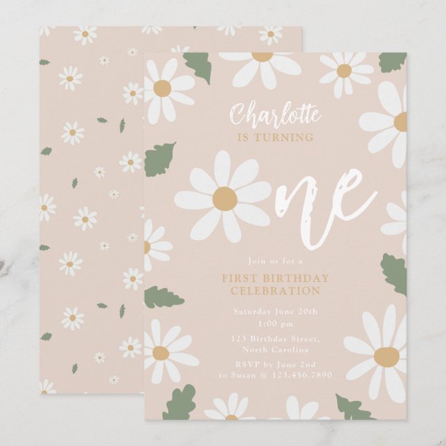 Cute Daisy Flower 1st Birthday Girl Pink Einladung (Vorne/Hinten)