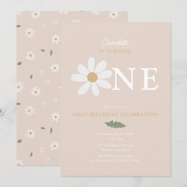 Cute Daisy Flower 1st Birthday Girl Pink Einladung (Vorne/Hinten)
