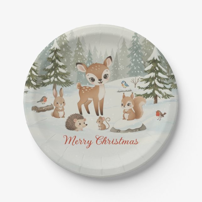 Cute Deer and Woodland Animals Merry Christmas Pappteller (Vorderseite)
