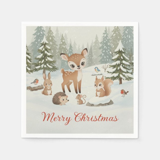 Cute Deer and Woodland Animals Merry Christmas Serviette (Vorderseite)