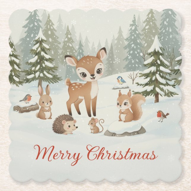 Cute Deer and Woodland Animals Merry Christmas Untersetzer (Vorderseite)