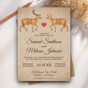 Cute Deer Couple Russe Burlap Faire-part de mariag