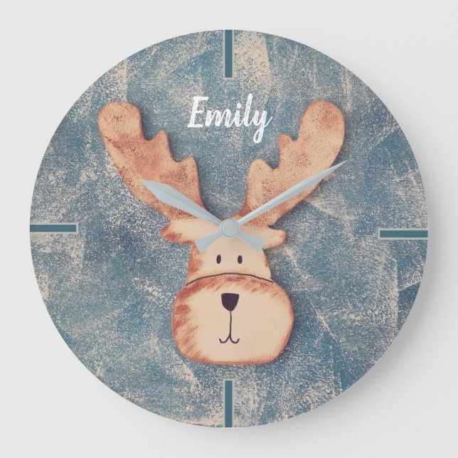 Cute Deer Head Winter Blue Name Nursery Große Wanduhr (Vorderseite)