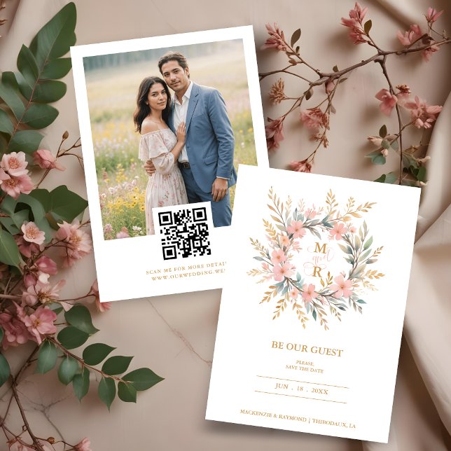 Cute Delicate Luxury Pink & Golden Floral Wreath Save The Date (Cute Delicate Luxury Pink & Fake Golden Wedding Spring Floral Wreath Photo Save the Dates Cards.)