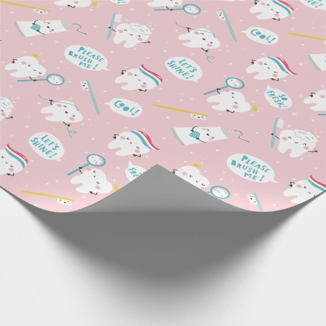 Cute Dental pattern Pink Brush your Teeth Geschenkpapier (Ecke)