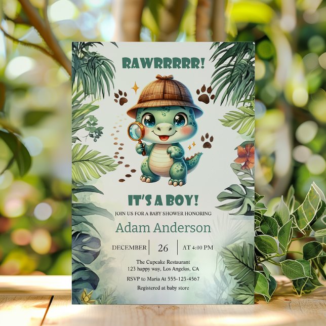 Cute Dino Detective Boy Baby Shower Invitation     Einladung (Von Creator hochgeladen)