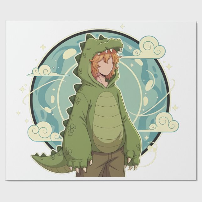 Cute Dino Friend Anime Boy - Green Dinosaur Geschenkpapier (Flach)
