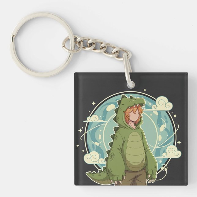 Cute Dino Friend Anime Boy - Green Dinosaur Schlüsselanhänger (Vorderseite)