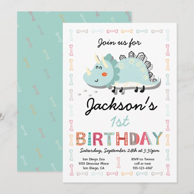 Cute Dinosaur 1er Anniversaire Fête Invitation (Devant / Derrière)