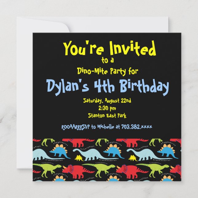 Cute Dinosaur Anniversaire Invitations Noir (Devant)
