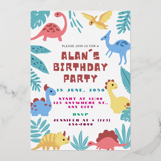 Cute Dinosaur Birthday Invitation Folieneinladung (Vorderseite)