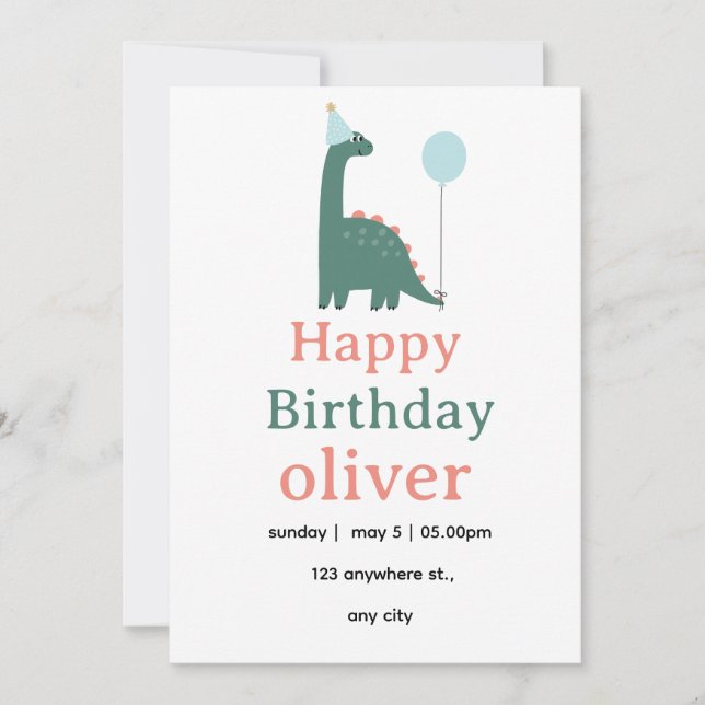 Cute Dinosaur Birthday Invitation for Kids, (Devant)