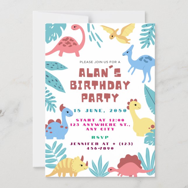 Cute Dinosaur Birthday Invitation Magneteinladung (Vorderseite)