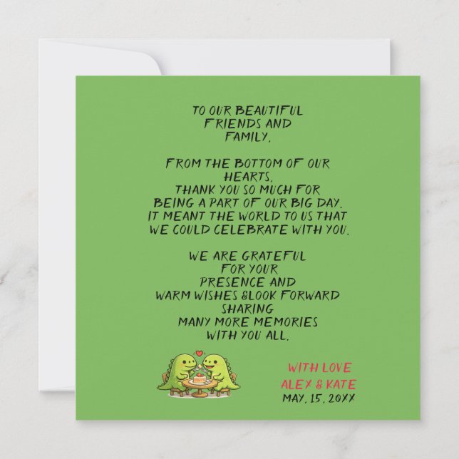 Cute Dinosaur Couple Wedding Thank You Card Dankeskarte (Rückseite)
