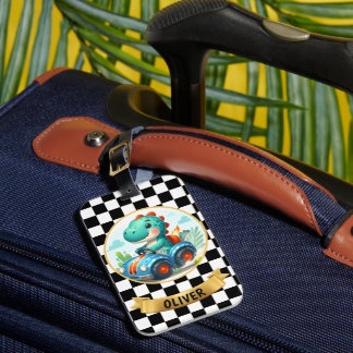 Cute Dinosaur Driving a Race Car Gepäckanhänger