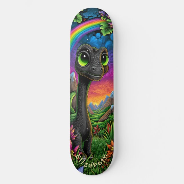 Cute Dinosaur Fantasy Mountains Cool Children Art Skateboard (Vorderseite)