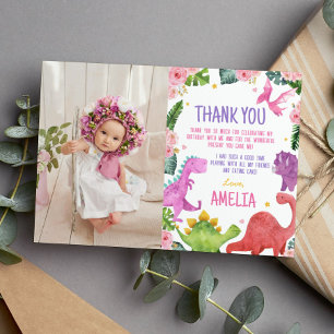 Cute Dinosaur Girl Birthday Photo Carte de remerci