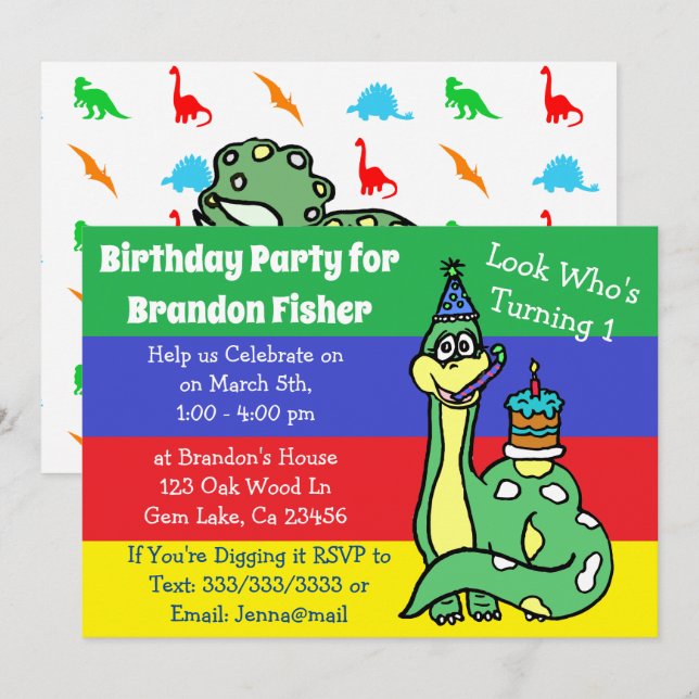 Cute Dinosaur Invitations Anniversaires (Devant / Derrière)