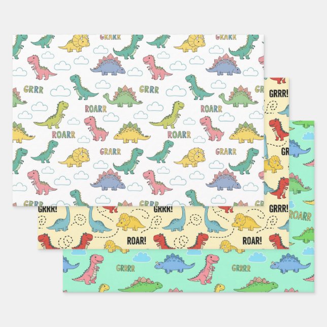 Cute Dinosaur Pattern Gift Wrap for Kids Birthday Geschenkpapier Set (Set)