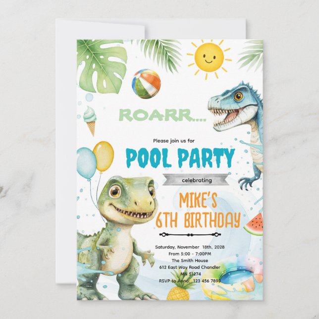 Cute dinosaur pool theme invitation einladung (Vorderseite)