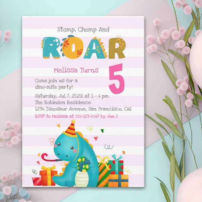 Cute Dinosaur Stomp Chomp and roar Birthday Girl Einladung (Von Creator hochgeladen)