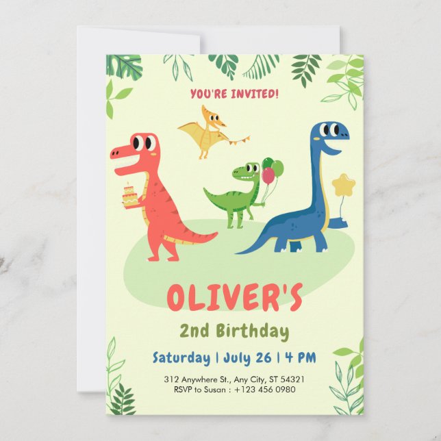 Cute dinosaur t-rex kids 2nd Birthday Invitation   (Devant)