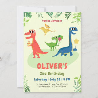 Cute dinosaur t-rex kids 2nd Birthday Invitation Einladung
