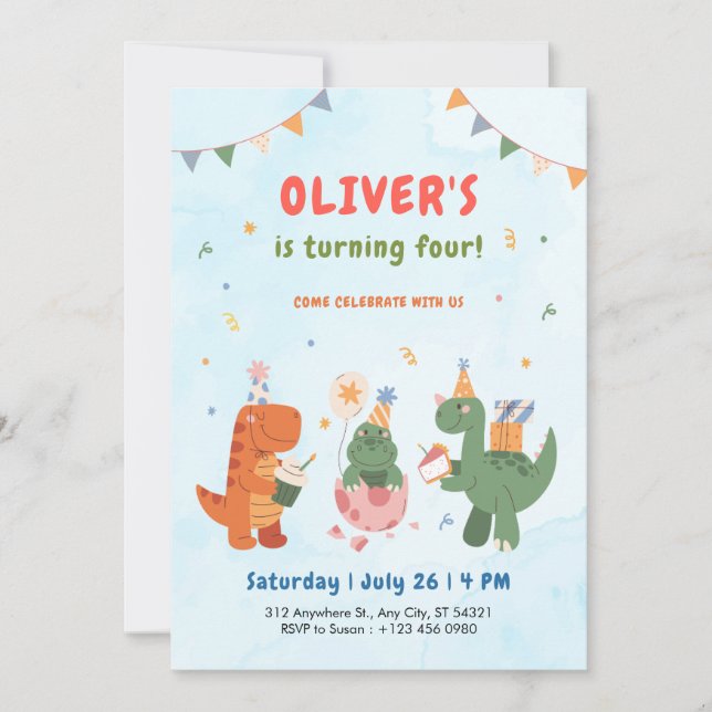 cute dinosaur t-rex kids 4th Birthday Invitation   (Devant)