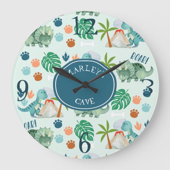 Cute Dinosaur T Rex Pattern Jurassic Kids Room Große Wanduhr (Vorderseite)