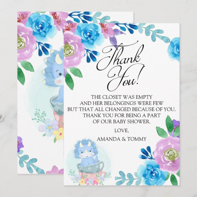 Cute Dinosaur Teacup Baby shower Carte de remercie (Devant / Derrière)