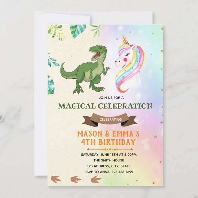 Cute dinosaur unicorne invitation (Devant)