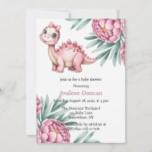 Cute Dinosaur with Pink Peony Girl Baby Shower