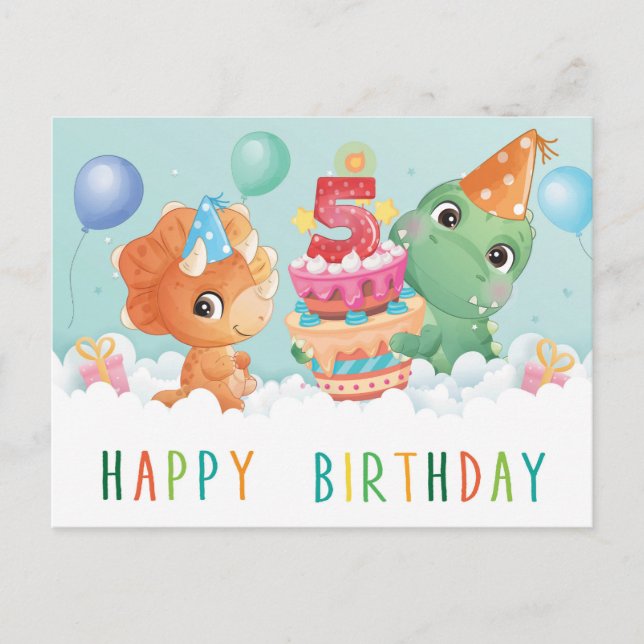 Cute dinosaure 5e anniversaire carte (Devant)