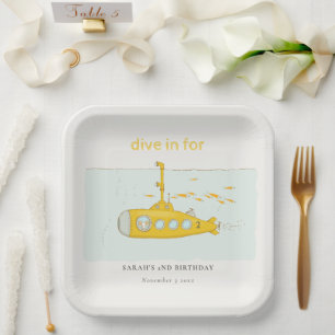 Cute Dive In Underwater Submarine Yellow Birthday Pappteller