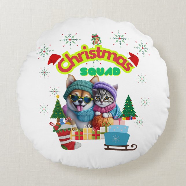 Cute dog and cat Christmas squad design  Rundes Kissen (Vorderseite)