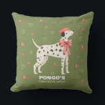 Cute Dog Dalmatian Bow Heart Sage Throw Pillow Kissen<br><div class="desc">Cute Dog Dalmatian Bow Heart Sage Throw Pillow This charming decorative pillow features a cute Dalmatian illustration on a sage green background decorated with small hearts. The stylish pup is wearing a sweet bow and beret, giving the design a playful and elegant touch that dog lovers will adore. On the...</div>