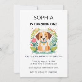 Cute Dog Floral Kids First Birthday  Einladung