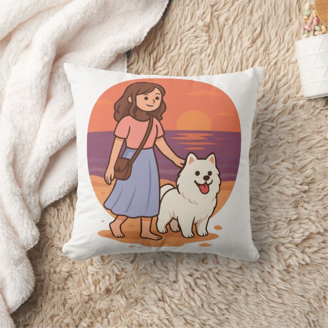 Cute Dog Mom Walking Fluffy Pup on Sunset Beach  Kissen (Decke)