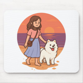 Cute Dog Mom Walking Fluffy Pup on Sunset Beach  Mousepad
