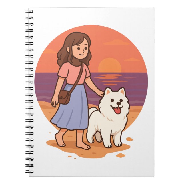 Cute Dog Mom Walking Fluffy Pup on Sunset Beach  Notizblock (Vorderseite)