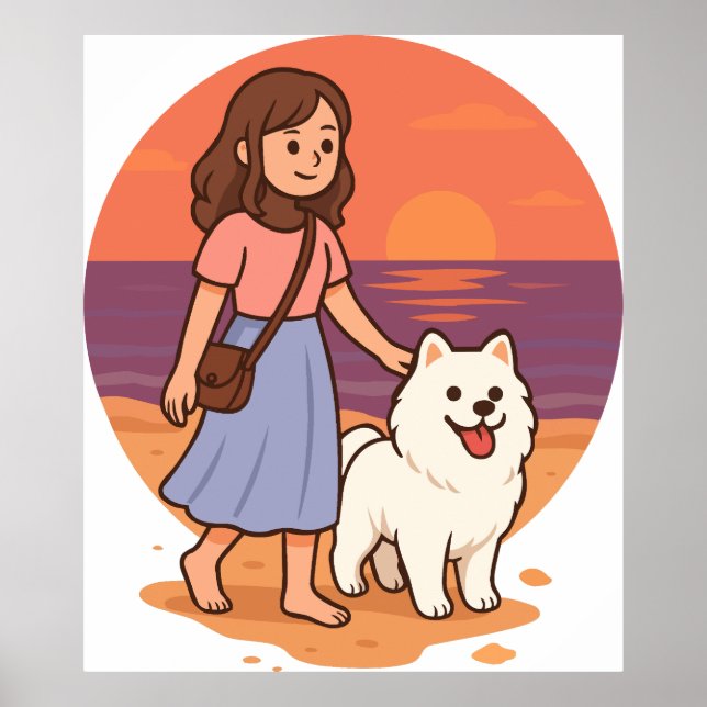 Cute Dog Mom Walking Fluffy Pup on Sunset Beach  Poster (Vorne)