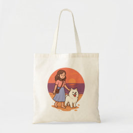 Cute Dog Mom Walking Fluffy Pup on Sunset Beach  Tragetasche