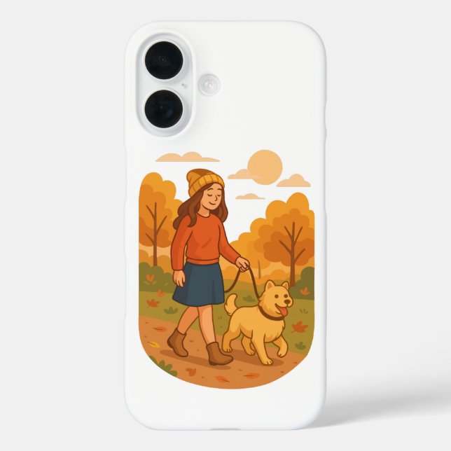 Cute Dog Mom Walking Pup in Cozy Forest  iPhone 16 Hülle (Rückseite)