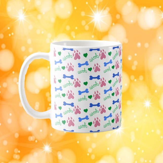 Cute Dog Paw Pattern Hearts, Bones Woof Pink Blue  Kaffeetasse (A mug with a pattern of pink dog paws, blue bones, green hearts and the word woof.)