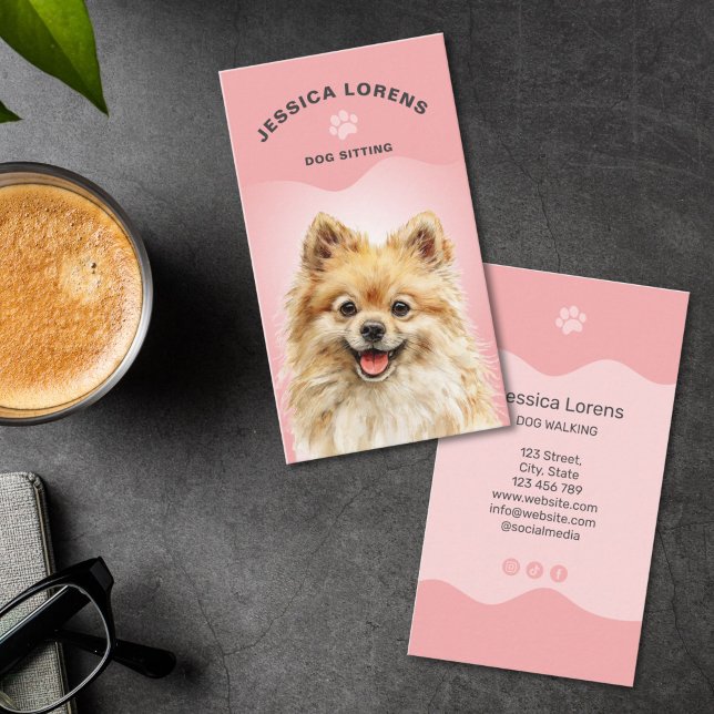 Cute Dog Sitter, Pet Groomer, Dog Walker Visitenkarte (cute pet sitter business card with paw print and watercolor dog illustration)