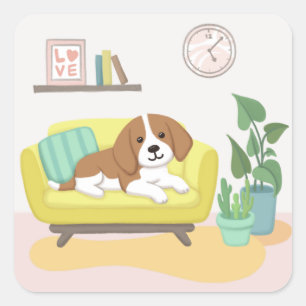 Cute Dog, Stuhl & Pflanzen Illustration Art Quadratischer Aufkleber