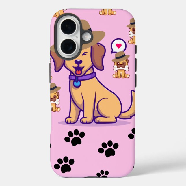 Cute Dog with Hat & Paw Pattern iPhone 16 Hülle (Rückseite)