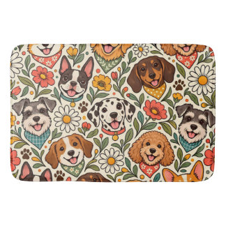Cute Dogs and Colorful Floral Pattern Badematte